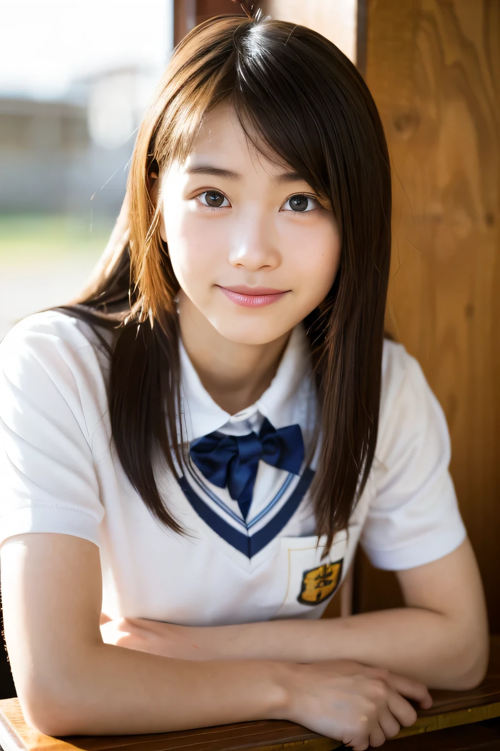 Highest quality, Face Focus, Soft Light, Ultra-high resolution, (Realistic:1.4), RAW Photos, One of the Japan, alone, cute, (pupil, light in your eyes), Beautiful face in every detail, (Small Box),(High resolution detail of human skin texture), (Medium-long hair),In the classroom , Wearing a high school uniform, (Portraiture),smile
