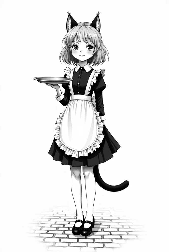 Jacques prevert black and white illustration art, illustration of a beautiful 16yo girl, detail face, cat ears, cat tail, tray in hand, maid suit, line draw, brick floor, white simple background, --ar 2:3 --stylize 50