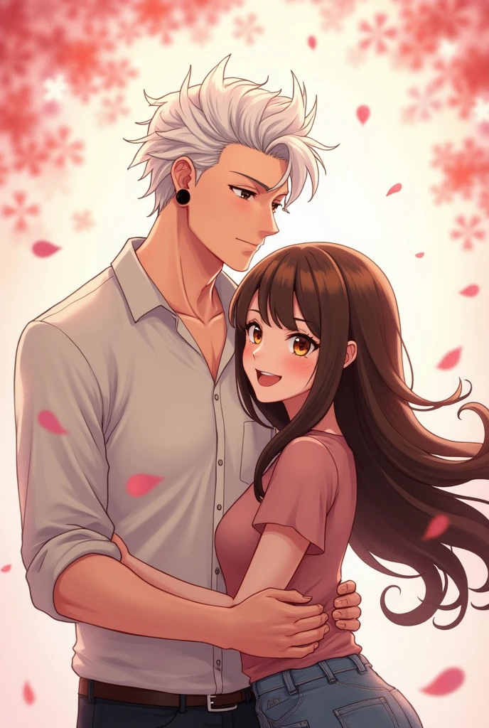 Shared profile picture, anime couple type, the man with white hair, height of 1.70 and with an earring and the woman is under 1.56 brown hair, smiling and round face