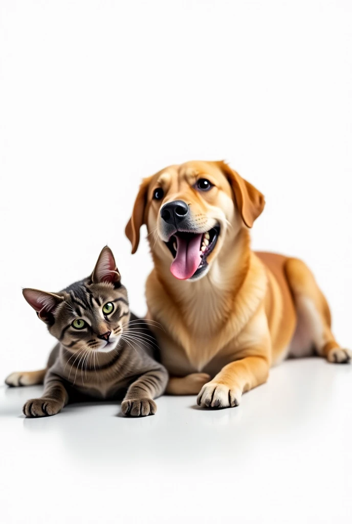 The cat is in a relaxed but restless posture., with his body slightly leaning towards the dog and a mischievous expression on his face. He seems to be seeking the dog's attention., perhaps with intentions of playing.
On the other hand, The dog appears with a fun and carefree expression. His tongue is slightly stuck out, giving the impression of smiling or panting with joy. His look, However, heads forward, as if he was playfully ignoring the cat's attempts to get his attention.
The dog's relaxed posture and casual gesture contrast with the cat's more active and curious attitude., creating a scene of friendly interaction between the two animals.
The clean, distraction-free white background helps focus attention on the main characters and the dynamics that develop between them..