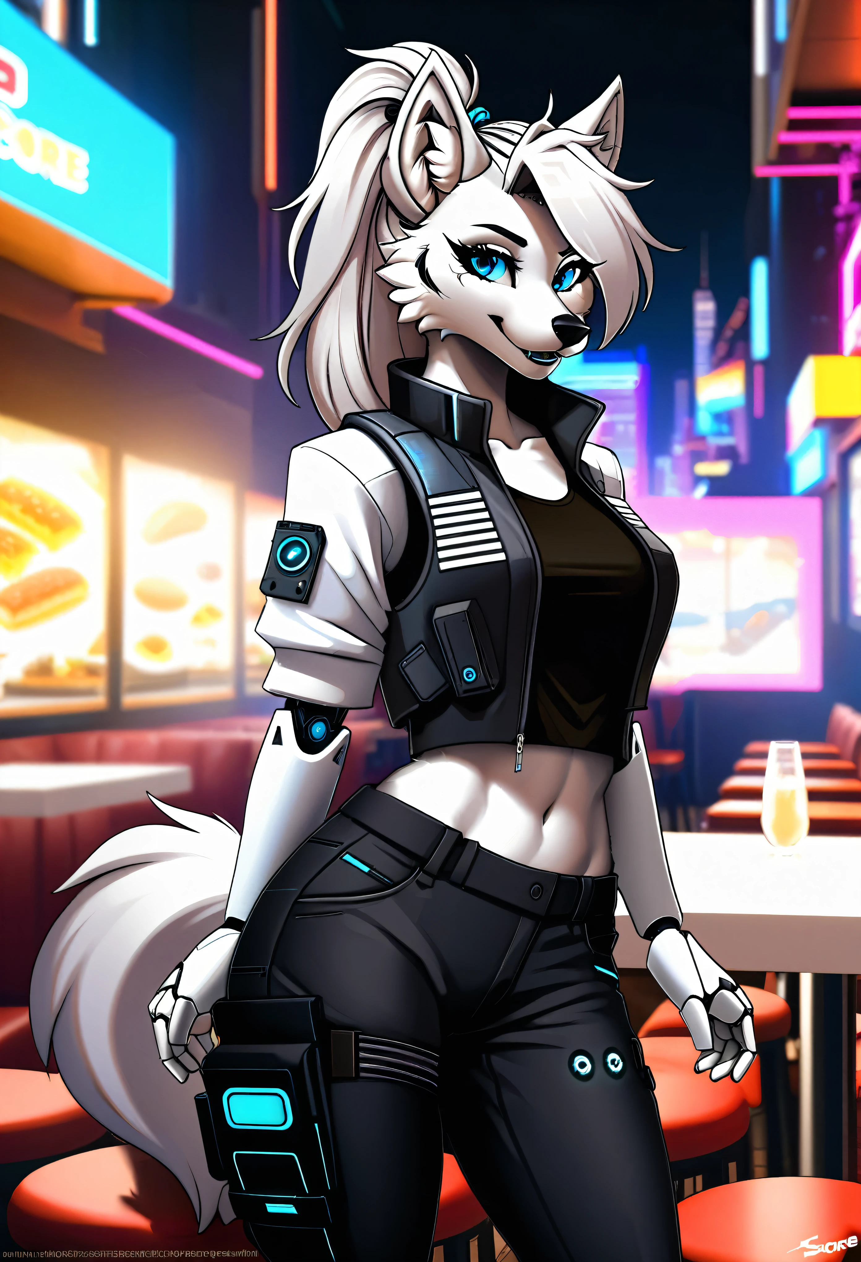 ((best quality)) Solo, score_9,score_8_up,score_7_up, score_6_up, score_5_up, score_4_up, source_furry, Antro furry female robot wolf, wavy medium ponytail white colored, blue eyes, cyberpunk restaurant. Wearing in cyberpunk outfit, wearing jacket and bulletproof vest and t-shirt, loose black pants, full outfit, looking at you, has a cybernetic implant on her right temple, Safe content, ((high quality)),