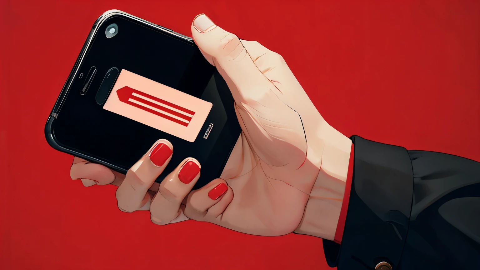 HAND RAISED UP HOLDING A CELL PHONE, WITH A RED BACKGROUND WITH A BLACK VIGNETTE