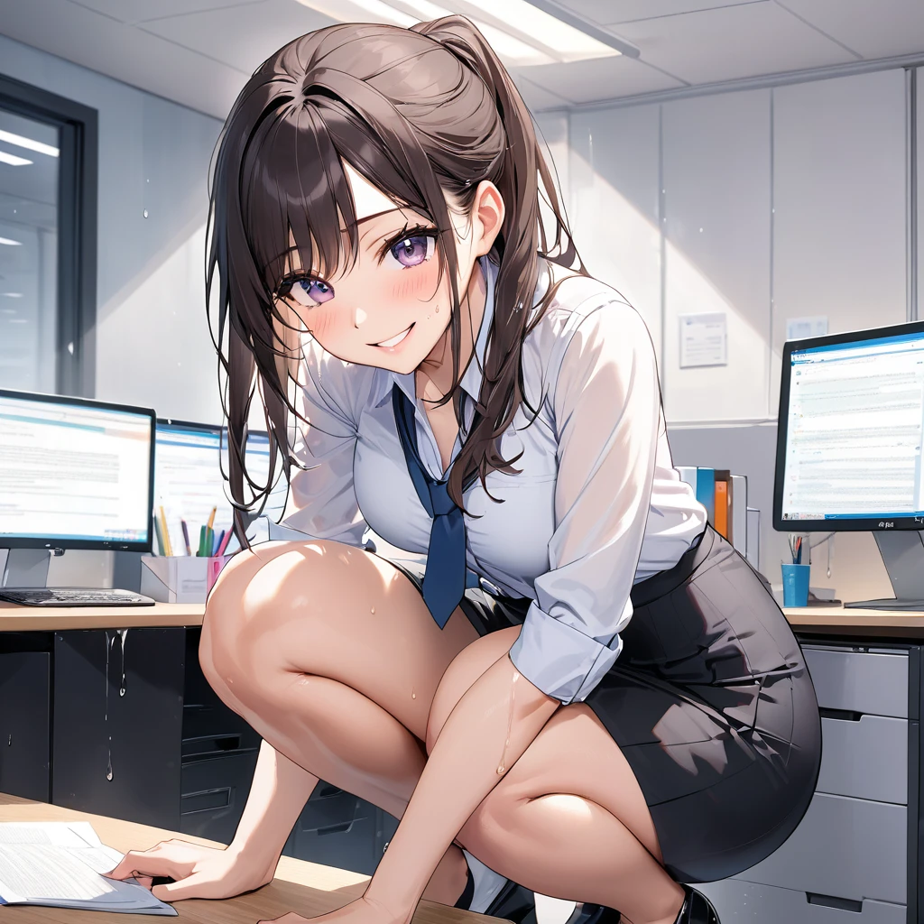 (masterpiece, top quality, best quality, highly detailed:1.2), colorful, 1girl, solo, photo of an office worker woman standing next to her desk and pooping her diaper, pooping self, having an accident, office, indoor, standing, poop stain, diaper, miniskirt, wet diaper, pooping