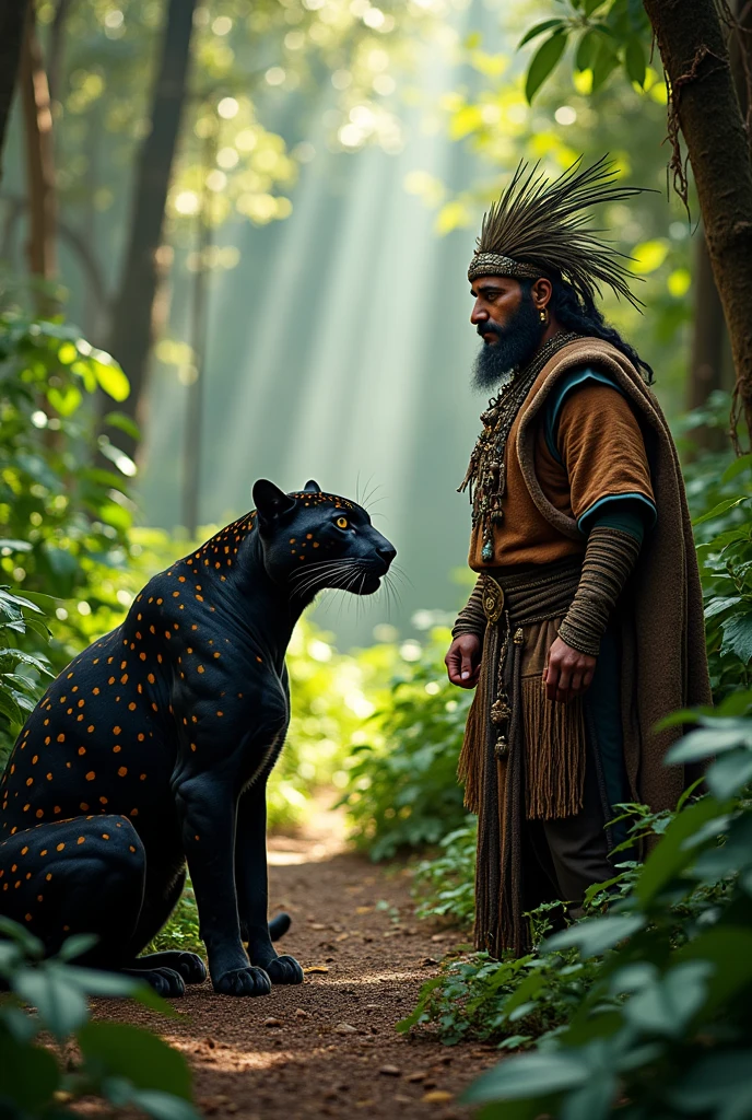 Create an image where a jaguar, a mystical animal with a more ancient form from the Inca era, is talking to the quipucamayoc who is not a woman but a man. The jaguar should be slightly darker.