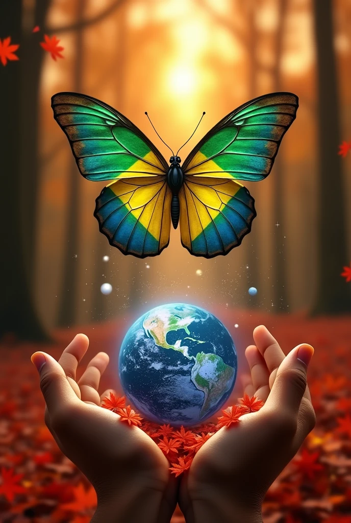 butterfly flying with the colors of the Brazilian flag, paws holding the universe, universe in the center, ((Maple Leaf)), ((forest)), ((trees)), ((WIDE VIEW)), sunset, (best quality, high resolution, masterpiece: 1.2), ultra-detailed, (realistic), (Fotos RAW:1.2), (photorealistic), photo-realistic: 1.37), HDR, UHD, Studio Lighting, Ultra-Fine Painting, Sharp Focus, Physically Based Rendering, Extreme Detail Depiction, Professional, Vivid Color, Portraits, Photography, Masterpiece, High Resolution Scan, (Photography: Canon 5D, 50 Zeiss Lens mm), ultra HD, HDR, grade, (professional color grading), sharp focus, natural lighting, ((intricate detail)), (reality: 1.4), (very detailed), light, super detail, 8k, best quality, 8k, best quality, Awards, high resolution, Textured Skin, Anatomically correct, ultra HD, accurate