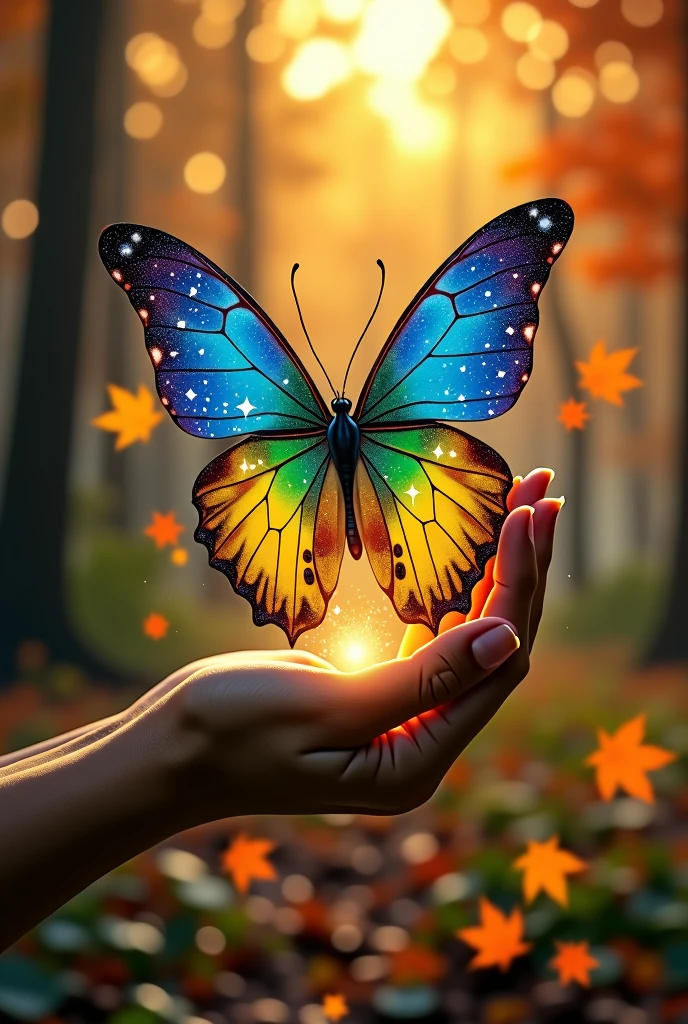 butterfly flying with the colors of the Brazilian flag, paws holding the universe, ((Maple Leaf)), ((forest)), ((trees)), ((WIDE VIEW)), sunset, (best quality, high resolution, masterpiece: 1.2), ultra-detailed, (realistic), (Fotos RAW:1.2), (photorealistic), photo-realistic: 1.37), HDR, UHD, Studio Lighting, Ultra-Fine Painting, Sharp Focus, Physically Based Rendering, Extreme Detail Depiction, Professional, Vivid Color, Portraits, Photography, Masterpiece, High Resolution Scan, (Photography: Canon 5D, 50 Zeiss Lens mm), ultra HD, HDR, grade, (professional color grading), sharp focus, natural lighting, ((intricate detail)), (reality: 1.4), (very detailed), light, super detail, 8k, best quality, 8k, best quality, Awards, high resolution, Textured Skin, Anatomically correct, ultra HD, accurate