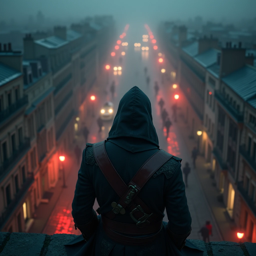 (((top down point of view))) hooded mercenary watches from the rooftops the citizen passing by. Set in Victorian London. Masterpiece, ultra detailed, red flares, 35mm cannon camera, intricate hyper realistic. fogs. night time. assassins creed. victorian era clothing. horses in the background.