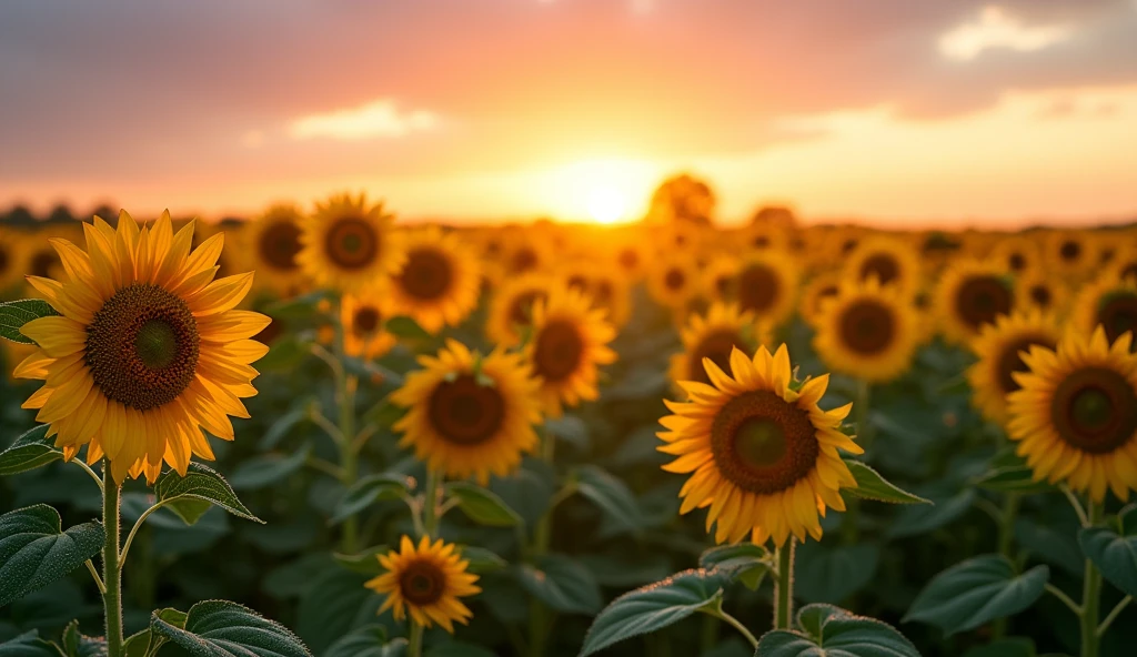 Generate a sunflower field  facing front with sun rise 