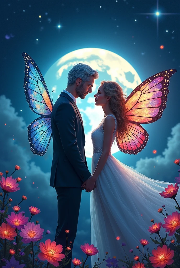 draw a picture of a couple that has very different personalities, They're like opposite poles, the MAN is represented as the moon and the woman as a butterfly