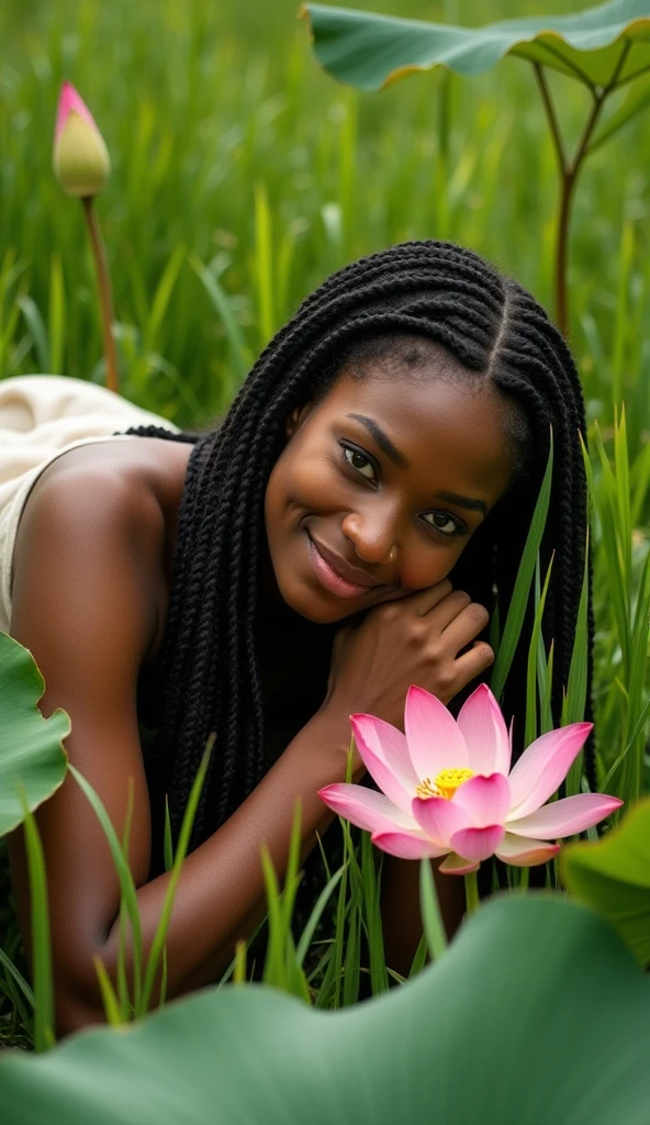 a beautiful african american woman. she is lying in a field on her side. plants like monstera, israeli rucus, sago palm, and banana leaf envelopes her. lotus flowers are around her. her eyes are looking kind. she has long braids. her hands rest softly. her feet are relaxed