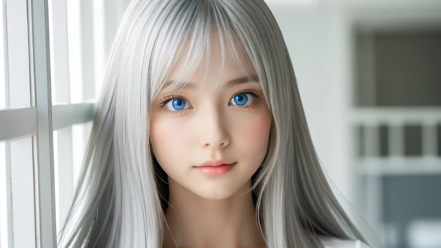 The Shining, clear, White skin、Her windblown silver hair hides her beautiful face..、Huge、Sexy beautiful face of 28 years old、Beautiful straight hair that stands out、growing up, light blue eyes shimmering、Sexy long silky bangs that cover the eyes, Sexy young woman with super long hair hiding her sexy face、The Shining silver hair、(((Sexy Woman)))