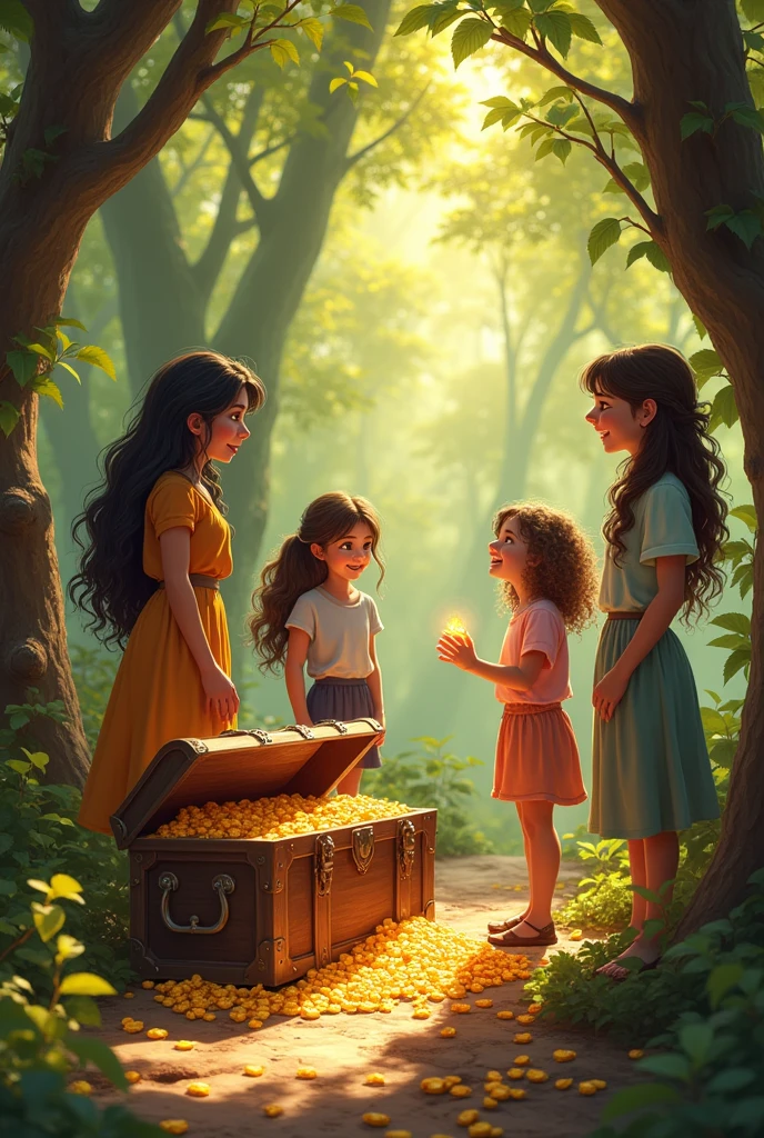 There were four friends, Johana, Marlet, Susana and Emma. One day, while exploring together, they found a chest full of jewels buried under a tree. The friends were excited, but Johana remembered hearing an old man from the nearby village talk about a lost chest. Without hesitation, He suggested they return it. Although the others were tempted to keep the treasure, they understood that Johana's honesty was a much more precious value than any jewel.