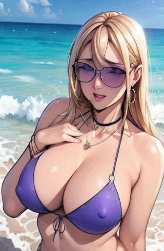 (Highest quality:1.2), One person, 一人in, Long Hair, chest, looking at iniewer, blush, smile, Open your mouth, bangs, blue eyes, Blonde, nainel, cleainage, jewelry, water着, bikini, Thighs, Earrings, null, choker, tooth, water, necklace, huge chest, bracelet, coinered nipples, in, side-tie bikini bottom, Ocean, Drill Hair, sunglasses, Twin Drill, Wear glasses on your head, no sunglasses on face, O-ring, Inner Tube, hoop Earrings, purple bikini, stomach, O-ring bikini
 