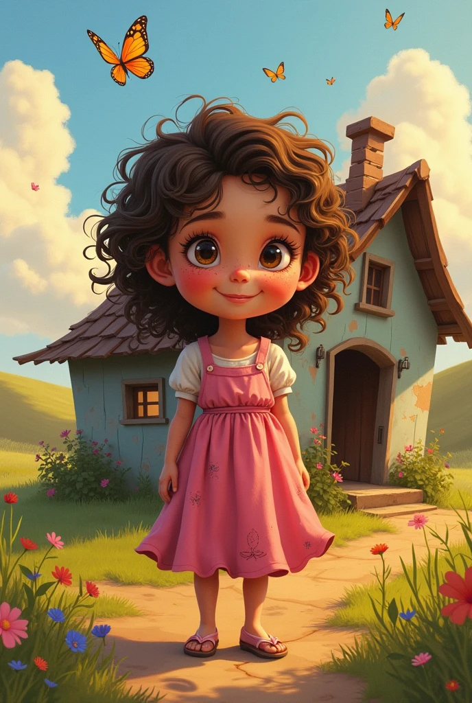 A in a pink dress outside a poor house disney cartoon type