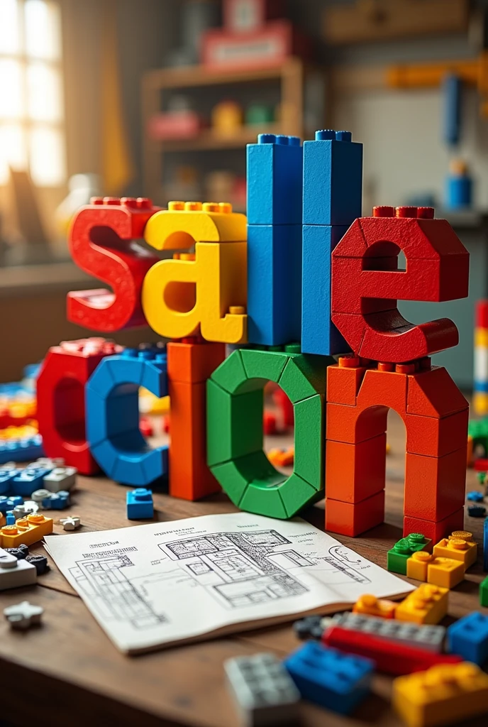Écrit "salle de construction" en briques lego pour que cela représente un logo