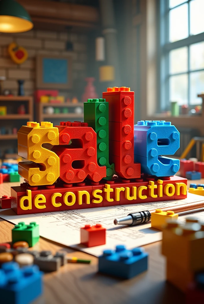 Écrit "salle de construction" en briques lego pour que cela représente un logo