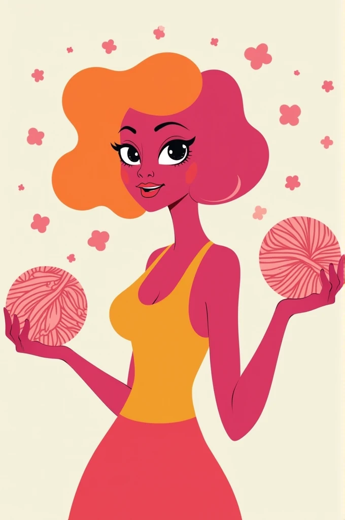 Logo of a woman with short pink and orange hair holding a crocheted wool in each hand 