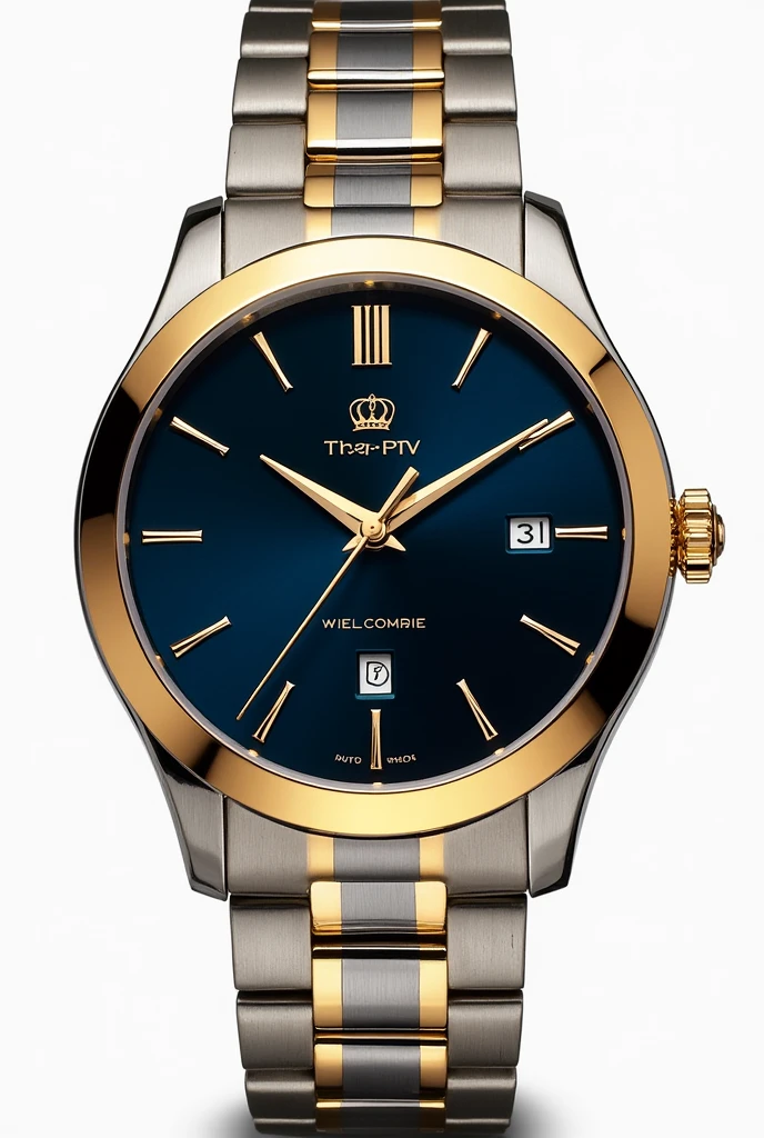 A watch with metallic band,duet combination of golden and silver colour,dark blue dial,analog watch showing date, hour stick with logo of king crown, round shape watch with a logo of "PTV"