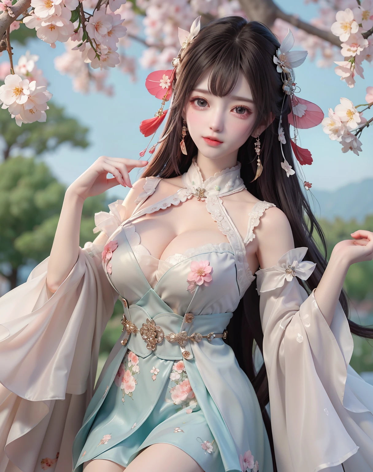 (8k, RAW photo:1.2), best quality, ultra high res,dramatic angle,(fluttered detailed color splashs), (illustration),(((1 girl))),(long hair),(rain:0.9), (Headdress:1.4),There is an ancient palace beside the girl,Hanfu,(Key Points),Color ink painting,(Splash of Color),Splash of Color,(((colorful))),(sketch:0.8) , Masterpiece, best quality, beautiful painted, highly detailed,(denoising:0.6),[splash ink],((ink refraction)), (beautiful detailed sky),moon,highly,detaild,(masterpiece, best quality, extremely detailed） CG Unity 8k Wallpaper，masterpiece，best quality，Ultra Detailed），（Lycoris）. hanfu open v open V-chested clothes Thin silk lace dress , (huge ，cleavage),, white pink and gren，best qualtiy，tmasterpiece，Ultra-high resolution，（Reality：1.4），RAW photogr，（True skin texture：1.3），（filmgrain：1.3），（Selfie angle），1个Giant Breast Girl，Beautiful eye and face details，tmasterpiece，Best quality at best，，The chest more exposed， detailed brapurple and green , detail 8k, upper body, lace petticoat. bottom position looking up, sexually provocative