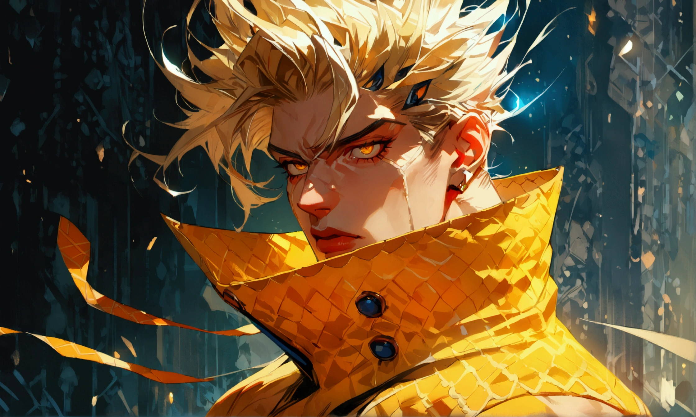 Muscular man, striking a bizarre pose, blonde hair with orange highlights, yellow eyes, fangs, stylish orange outfit, serious expression, ((Intricate anime character design inspired by JoJo's Bizarre Adventure)), ((Stunning lighting)), ((Fine lines)), ((Stunning focus)), ((Stunning face)), ((Detailed focus)), ((Detailed background)), ((Ultra-fine 2D design)), ((Background full of creativity)), ((2D masterpiece)), ((Best quality), ((8K)), ((Anime style))