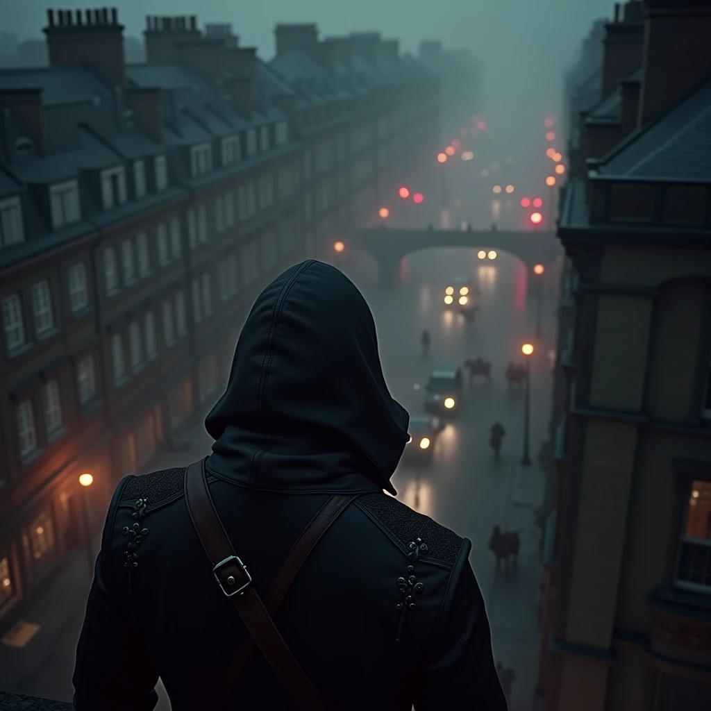 (((top down point of view))) hooded mercenary watches from the rooftops the citizen passing by. Set in Victorian London. Masterpiece, ultra detailed, red flares, 35mm cannon camera, intricate hyper realistic. fogs. night time. assassins creed. victorian era clothing. horses in the background.