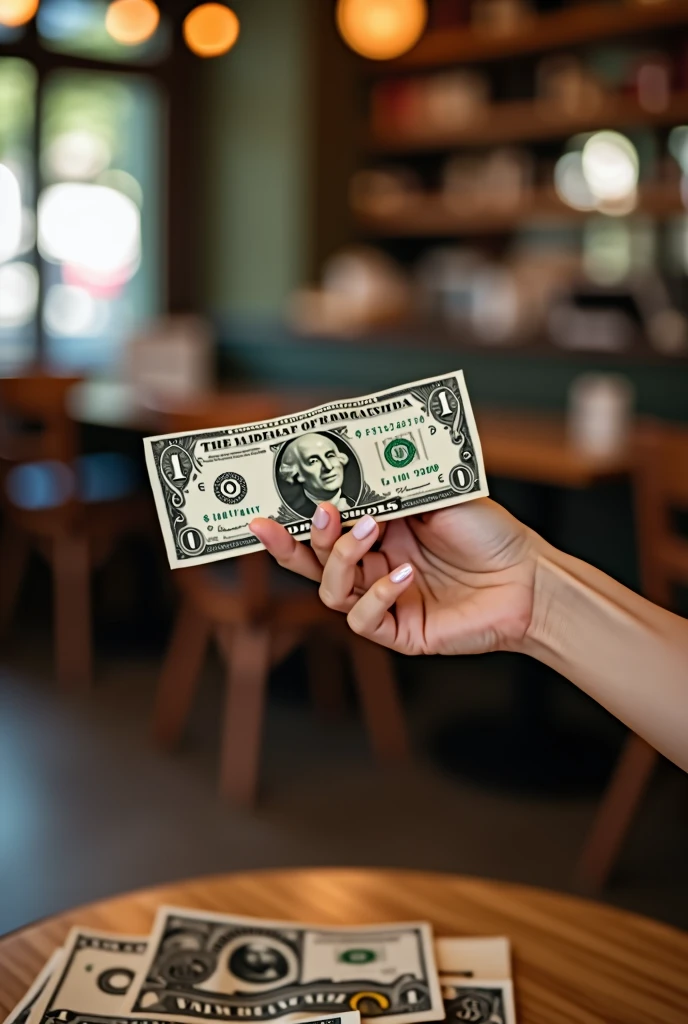 A lady's arm with a dollar bill in her hand as a form of payment, quite clear and realistic, in an upright position so that the arm can be seen without clothes and long.