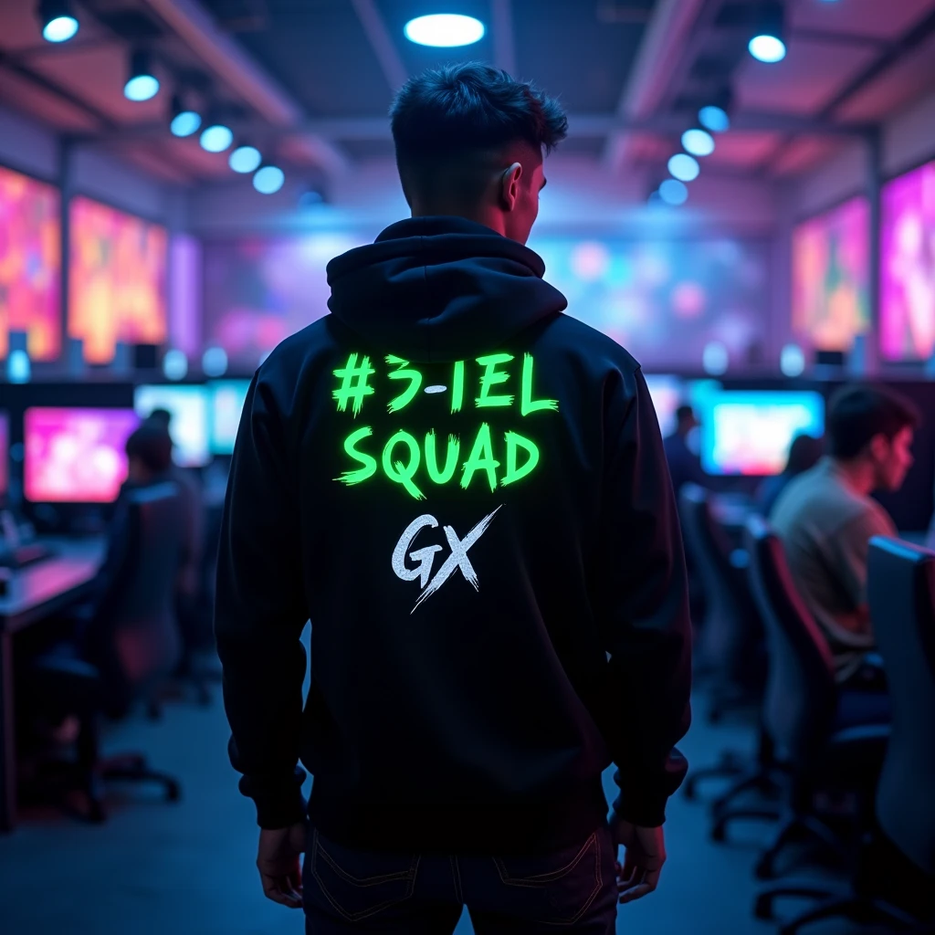 Create an image of a gamer guy with the following details:

The name "ᏋᏃ3Ꮶi3l" should be on the back of the character.
The squad name "Gx" should be placed below the name.
The overall design should be cool and unique. 

Both my name and squad name should be visible 
