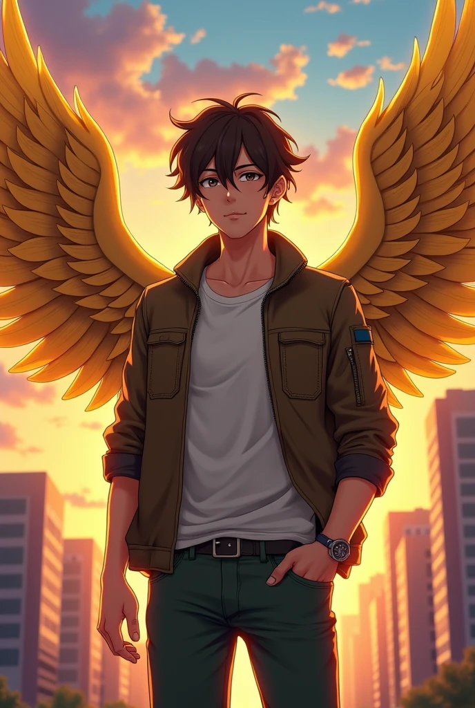 A teenage anime boy who's 6'2 and has a darkish tan with brown hair Covering some of his eyes and grey eyes wearing pants,a t-shirt and a jacket with two right ear piercing an a left ear piercing with big golden god wings
