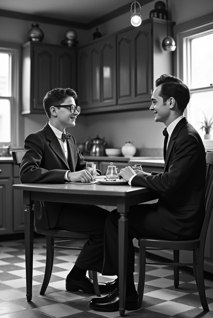 Generate a vintage style black and white image, showing a young American man of 18 years old wearing round glasses with clear lenses, dressed in a suit, and a mysterious figure with a face similar to the &#39;Slappy&#39; doll. They are both smiling and sitting across from each other., having breakfast in a detailed kitchen with furniture and decor typical of the 1940s.