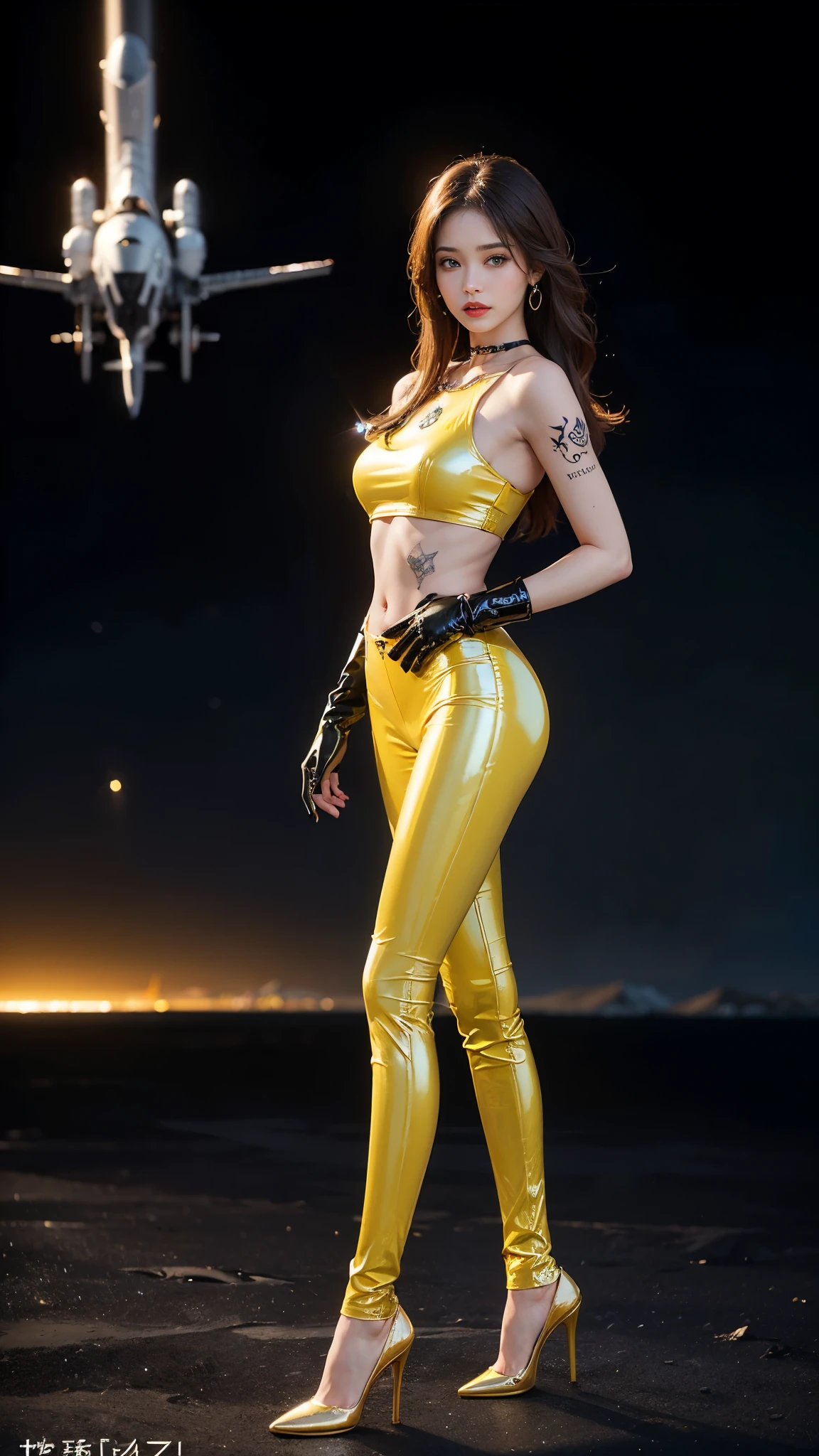 ((masterpiece:1.4)、(highest quality:1.4)、(realistic:1.7))、master piece:1.4、(Finest rendering:1.4)、(Yuki, the beautiful navigator of Space Battleship Hikari:1.4)、Super beautiful航海士Yuki、(Written by Luis Royo:1.4)、(Uniforms that highlight your beautiful style:1.2)、(Futuristic sci-fi battle fashion:1.2)、(street style wear)、(tight fit pants)、(Luxurious shiny latex:1.4)、(luxury yellow latex:1.4)、19 years old、(cute tattoo:1.4)、(wearing yellow gloves)、cute girl、Super beautiful、(seductive pose)、sharp focus、portrait photography:1.4、8k、realistic photo images:1.4、(perfect female body:1.4)、perfect proportions、(standing:1.4)、(Upper body photography:1.4)、beautiful face、fearless look、beautiful eyes、(A girl with a beautiful body that emphasizes her slender abdominal muscles)、narrow waist、(9 life size beautiful style girl)、(Beautiful girl with long legs and good style:1.4)、beautiful feet、(long hair:1.2)、dark makeup、eye shadow、Glow eye、glow lip、beautiful breasts、big breasts:1.2、sexy butt、(standing facing forward:1.4)、Raw photo、red lips、yellow high heels:1.4、choker:1.4、necklace:1.4、earrings:1.4、1 screen display、Space Battleship Hikari's bridge:1.2