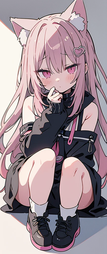 1girl, (Cute pink underwear, Squatting panchira : 1.2) BREAK black school uniform, pink hair, worried, look at viewer