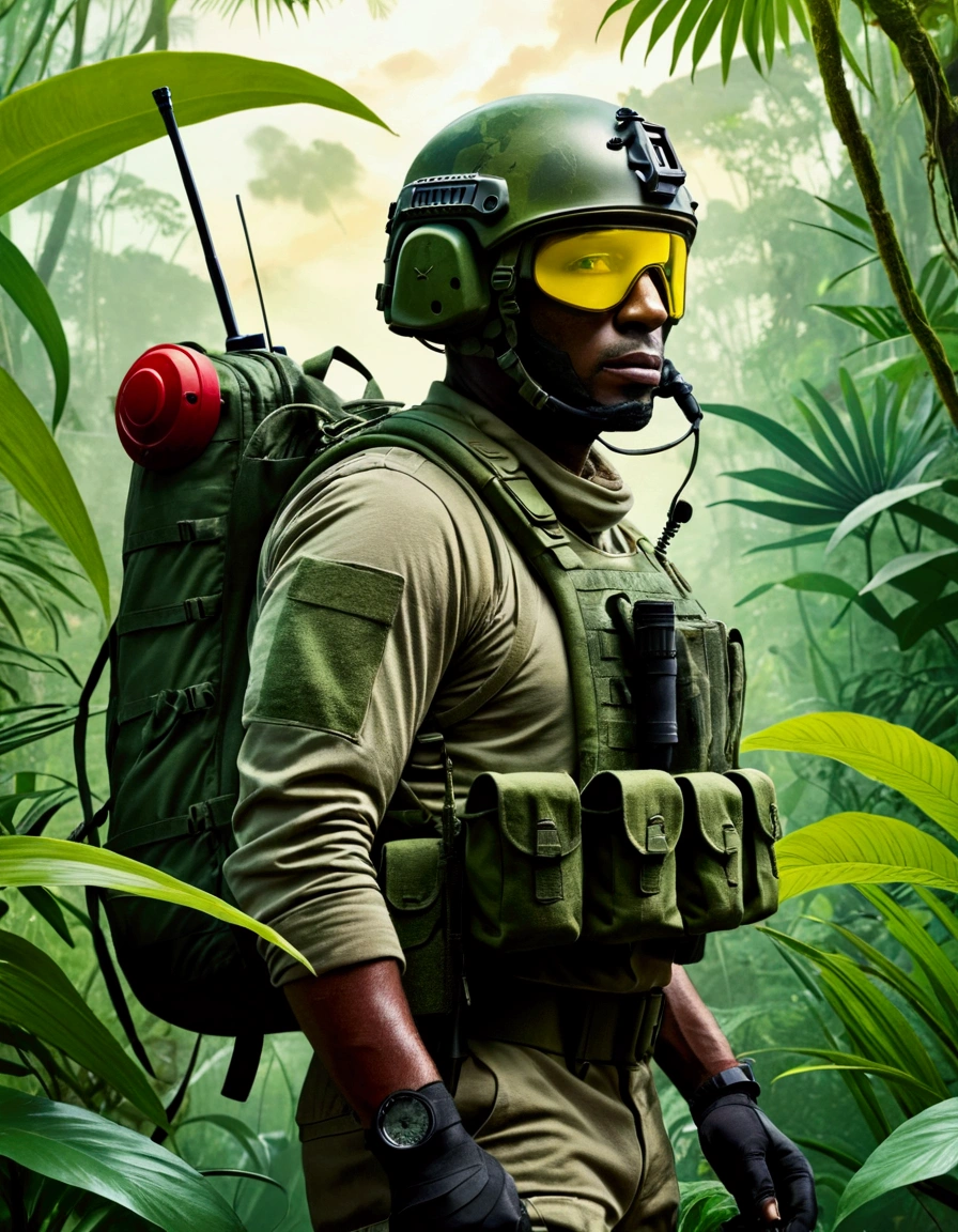 Digital artwork depicting a military scene in a lush, vibrant jungle. The layout features a central figure, a soldier in full tactical gear, including a helmet and a large backpack, standing amidst dense foliage with bright red and green plants. The soldier's face is obscured by the helmet and gear. In the background, a helicopter is seen hovering in the sky, which is filled with dramatic, swirling clouds illuminated by a yellow-green light, suggesting either dawn or dusk. The overall color palette is rich and saturated, with a strong contrast between the warm and cool tones.