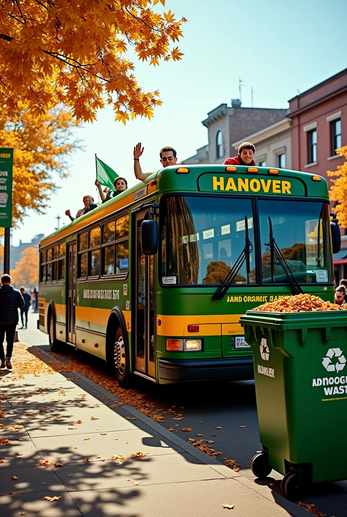The Hanover fan bus next to a large organic waste bin