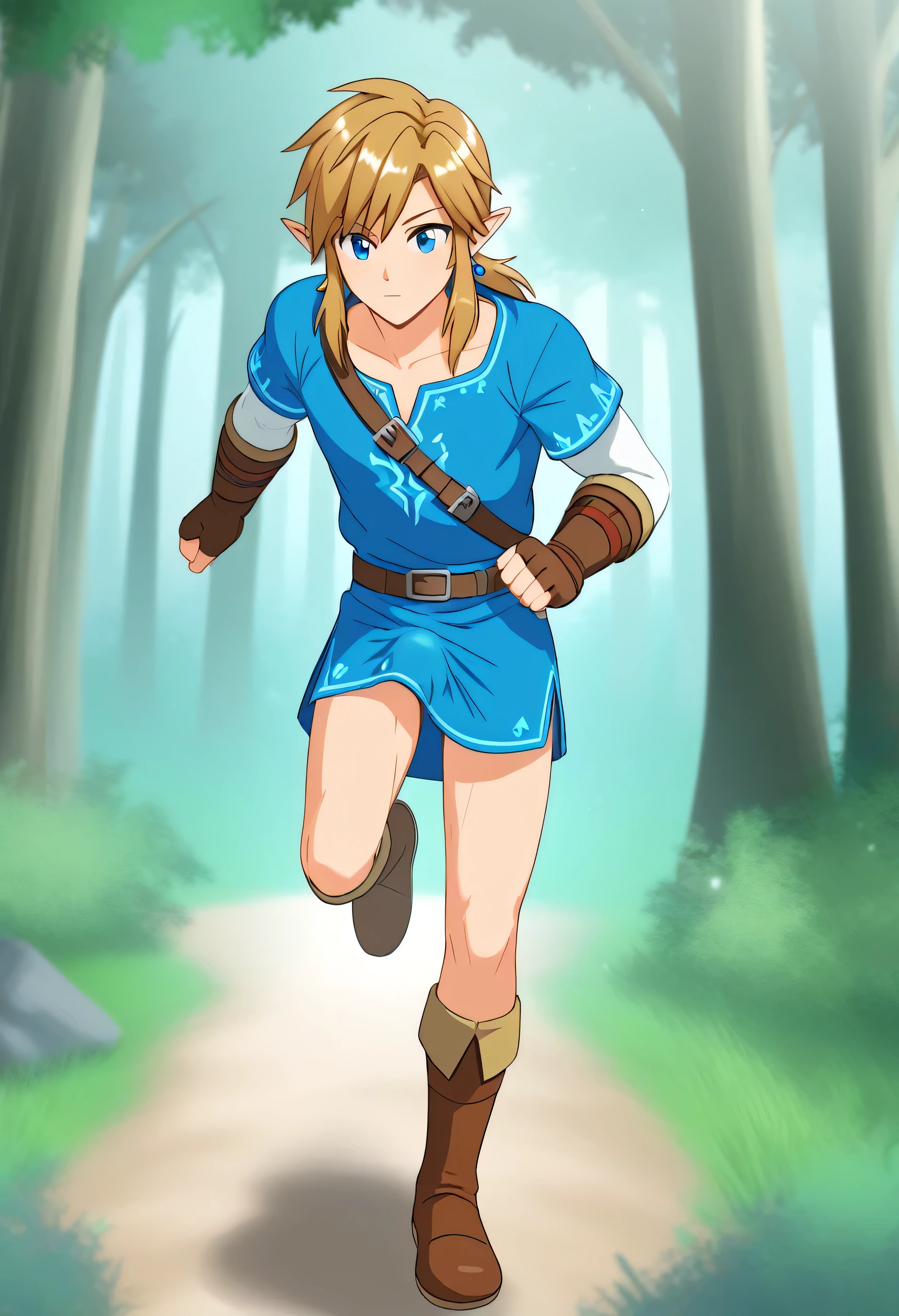 (Masterpiece), (Best Quality), ((Highly Detailed)), Link from botw, male, boy, medium hair, blond hair, blue eyes, blue earrings, full body, horny, big bulge in the crotch, upper body free, Running through a forest, stiff penis, 4k, 8k, anime style