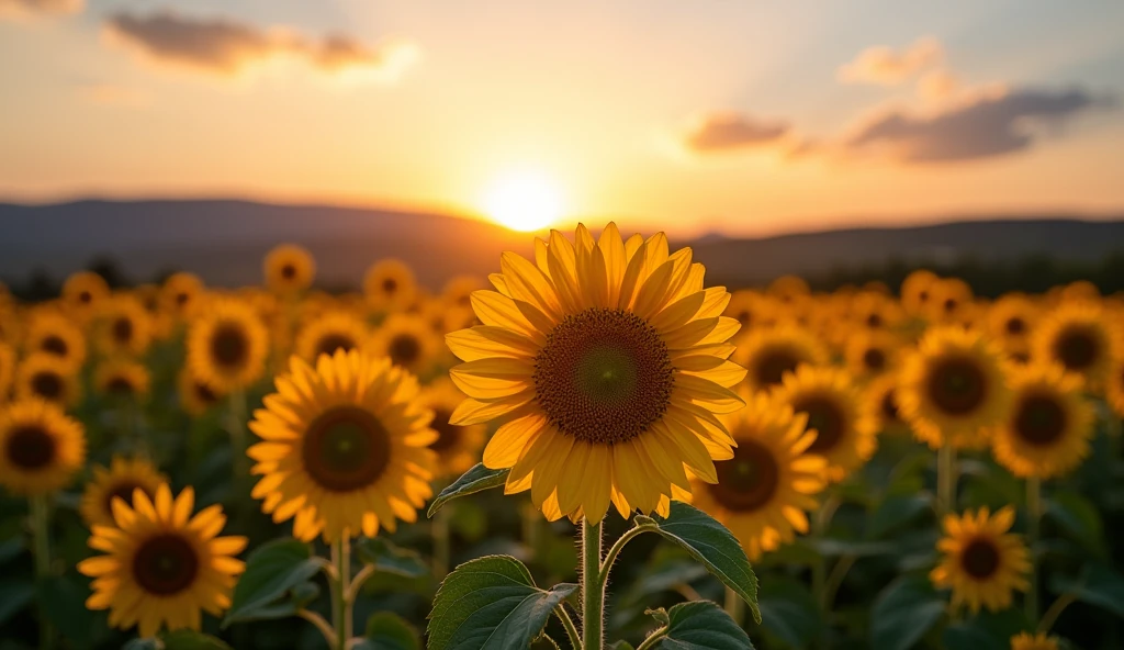 Generate a sunflower field facing front with sun rise
