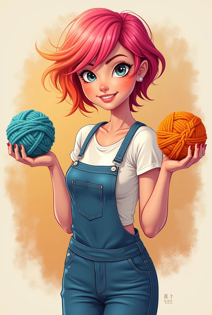 Logo of a woman with short pink and orange hair holding a crocheted wool in each hand