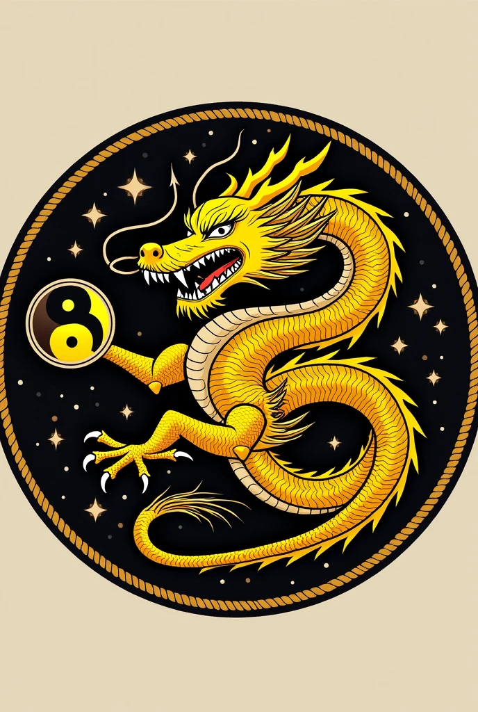 the symbol of country in 2D , in the middle is a shield with a yellow dragon holding yin and yang in its hands symbolizing the Huaxia tribe ruling the world and the color of the shield is black. The symbol is inside circle 