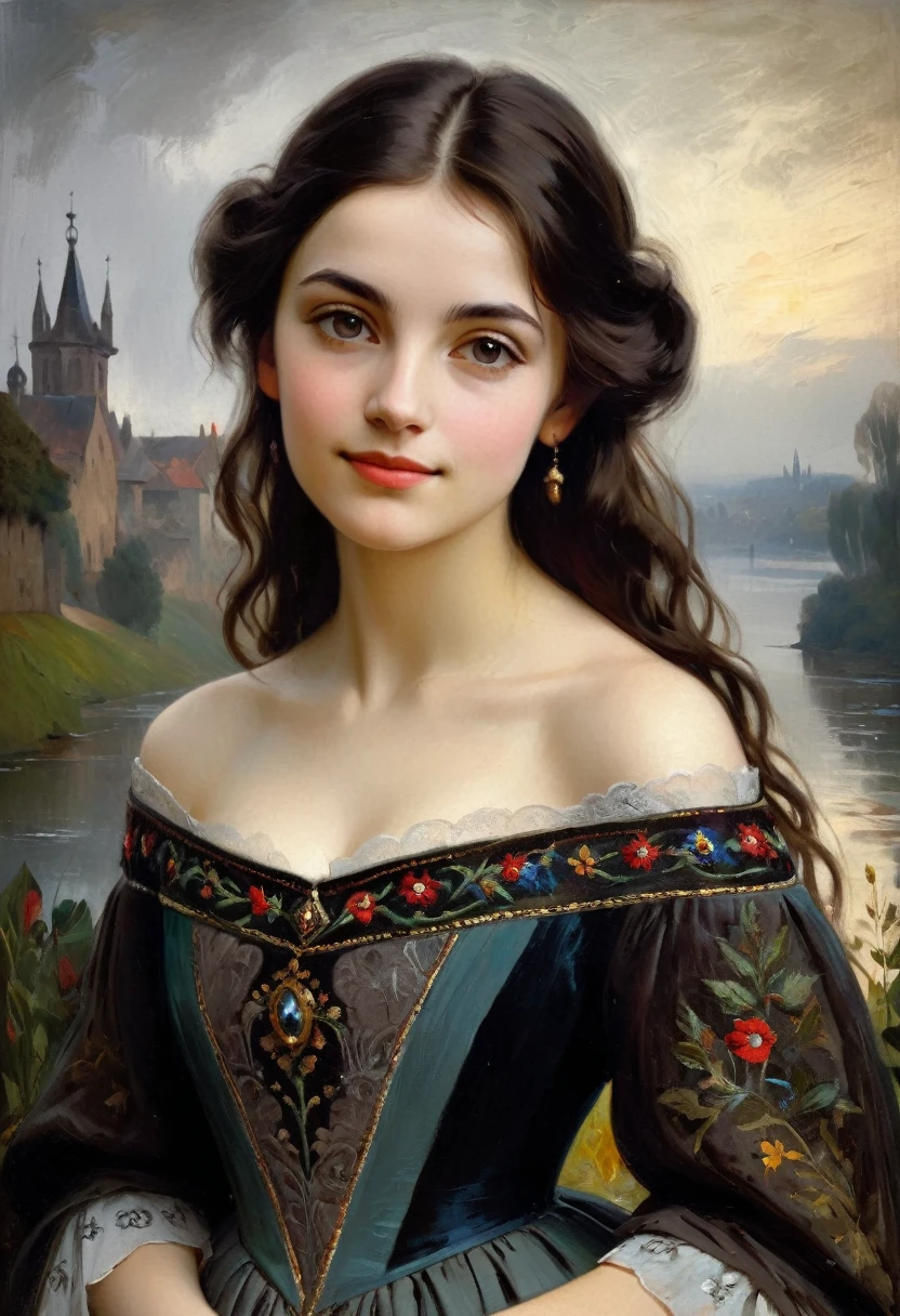very charming young brunette, a slight mysterious smile from the shoulder, a dress with embroidered patterns, 15 century,(Adolf Piot style)), The dark Renaissance, (fog, very scuffing), ((palette/oil painting palette knife)), ((masterpiece)), single shot, impression:1.2, extreme detail, perspective:1.33, 8k