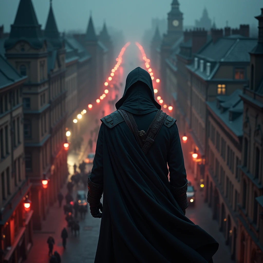 (((top down point of view))) hooded mercenary watches from the rooftops the citizen passing by. Set in Victorian London. Masterpiece, ultra detailed, red flares, 35mm cannon camera, intricate hyper realistic. fogs. night time. assassins creed. victorian era clothing. horses in the background.