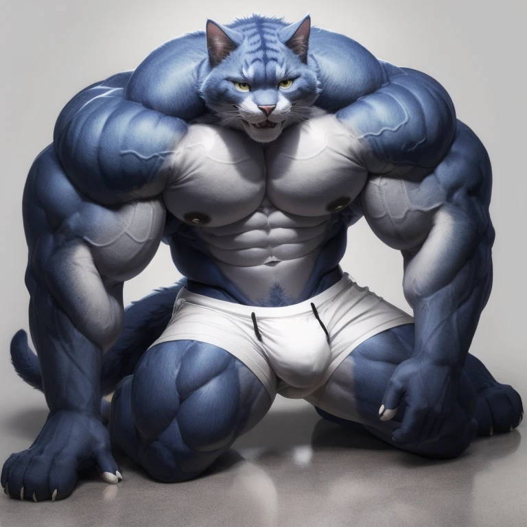 furry growth, big Bulge, smiling, hyper growth, hyper muscles, a cat, blue, cute cat, shirtless, white shorts, muscular, on a gray background Fallen on the floor