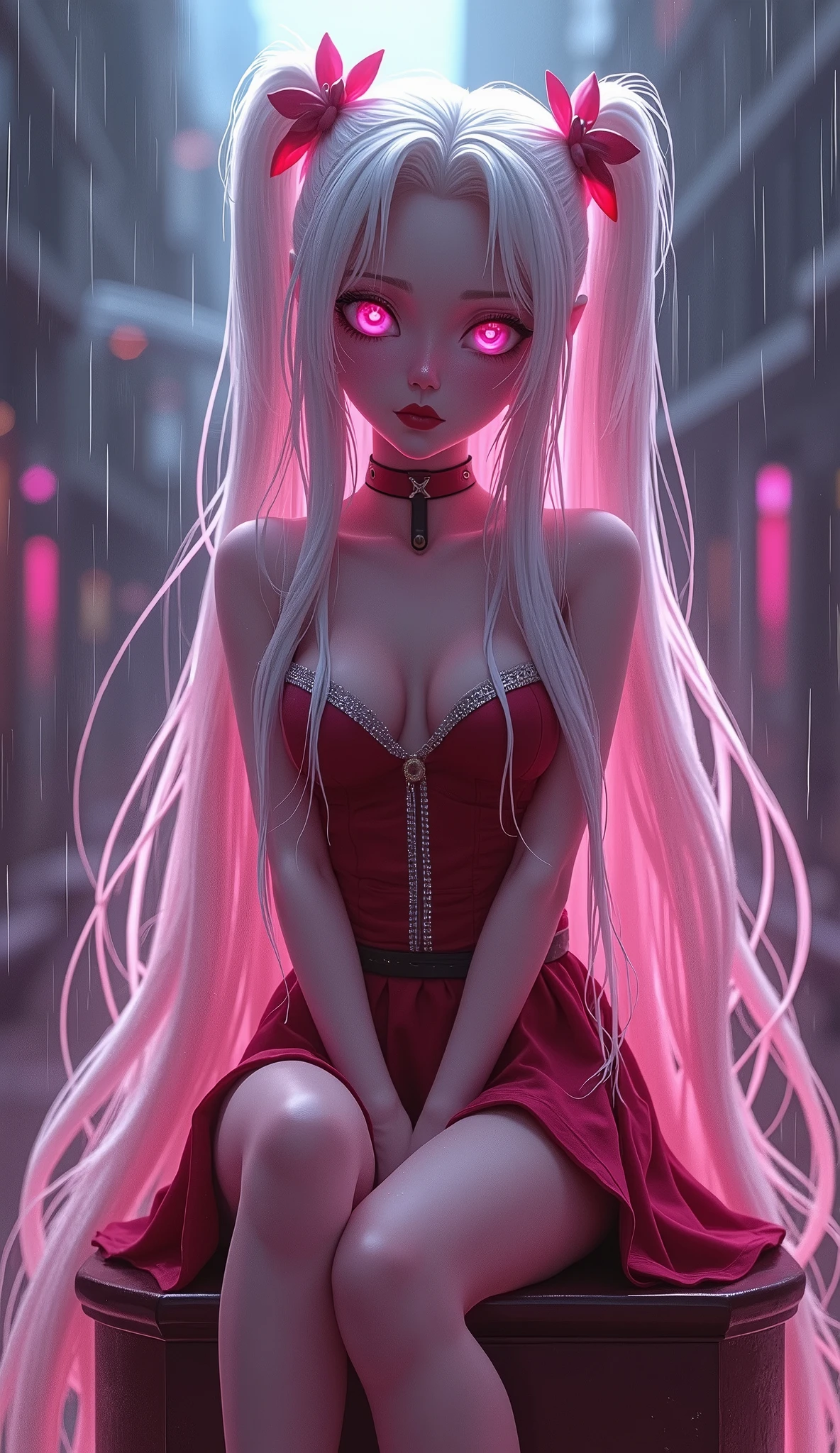 photorealistic,Realistic illustration in Modelshoot style,((masterpiece)),((The best quality)),((Ultra Quality)),((ultra detailed)),((1girl long white hair)),((Only)),((waifu:1.5)),Perfect anatomy,perfect hands,beautiful cuerpo,beautiful_method,ulzzang-6500-v1,e-chica,((Exceptionally Beauty Waifu Princess Tifa Lockhart)),Actual photo、((Highest im年 quality))、((Beautiful woman、Beautiful thighs、Beautiful Face))、((Uniform Ponytail))、Yuriko Yoshitaka、((Japanese women))、((pretty girl))、((skirt))、((Beautiful thighs))、((pumps))、Sit on a chair、(front:1.6)、(Open your knees:1.4)、((Panty shot))、,((bright-pink_eyes)),long wavy hair, ((white hair)),hair clips,eyeliner,cute makeup,lipstick,Glossy lipstick,with a look of terror, worry and sadness,((eyes detallados perfectos)),rainy with fog outside,evening,pink theme,bioluminiscencia,light particles,((Extremely CG Unity 8K Wallpaper)),((cinematic lighting,Best quality lights)),intricate details,Suave,sharp focus,Extremely beautiful and aesthetic,Octane rendering,Full length portrait,damp skin,((Perfect detailed body)),