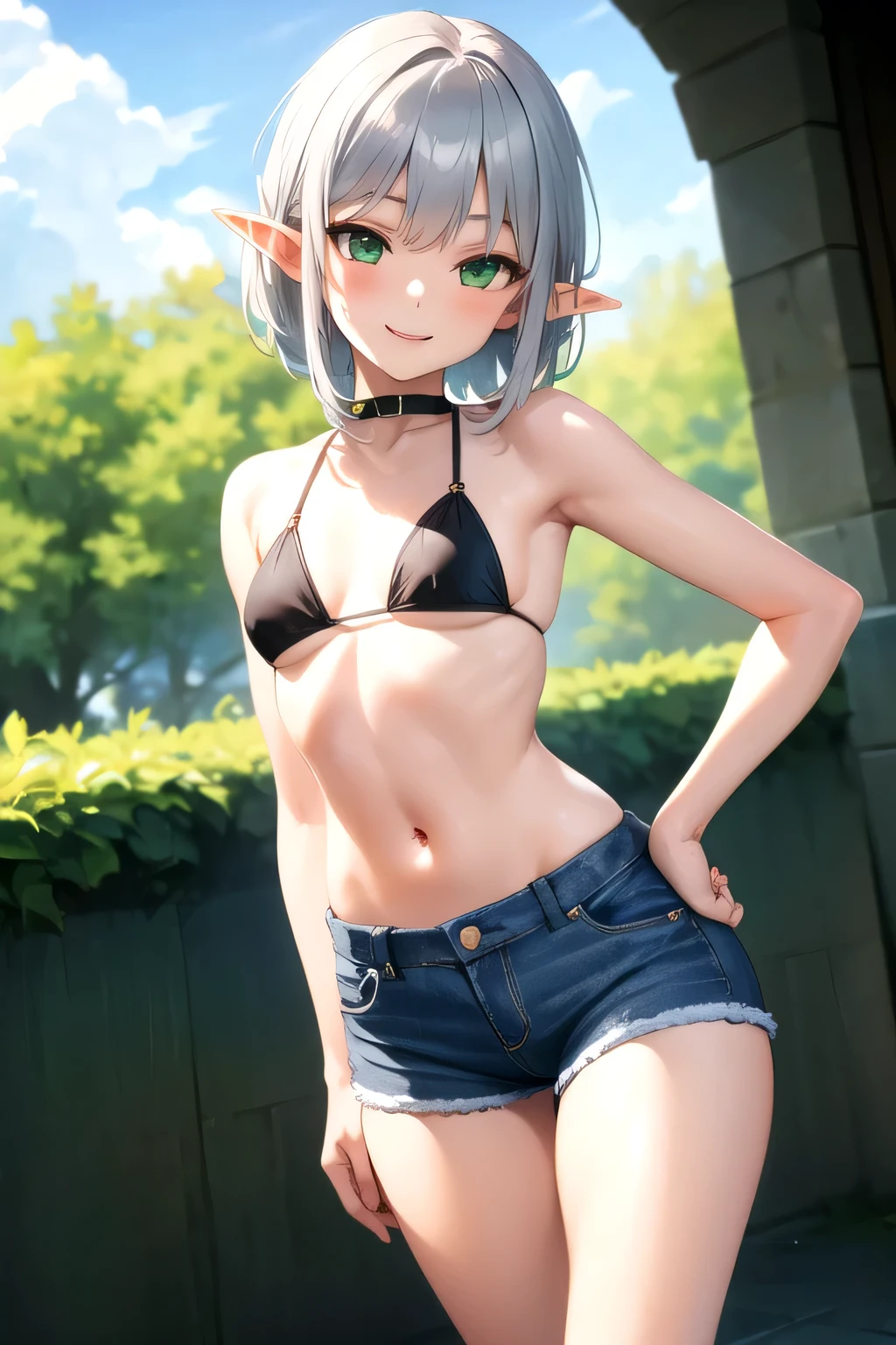 (High definition) (masterpiece) 1 girl, elf, cute face, young, slender body, perfect waistline, perfect legs, small breasts, black bikini top, small jeans shorts, cute green eyes, medium sized silver hair, smiling, sexy pose