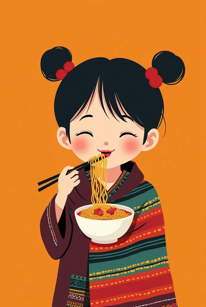 minimalist logo, as a little Japanese girl, wearing a Mexican serape, closed eyes, happy, Eating noodles with bits of meat, on an orange background.