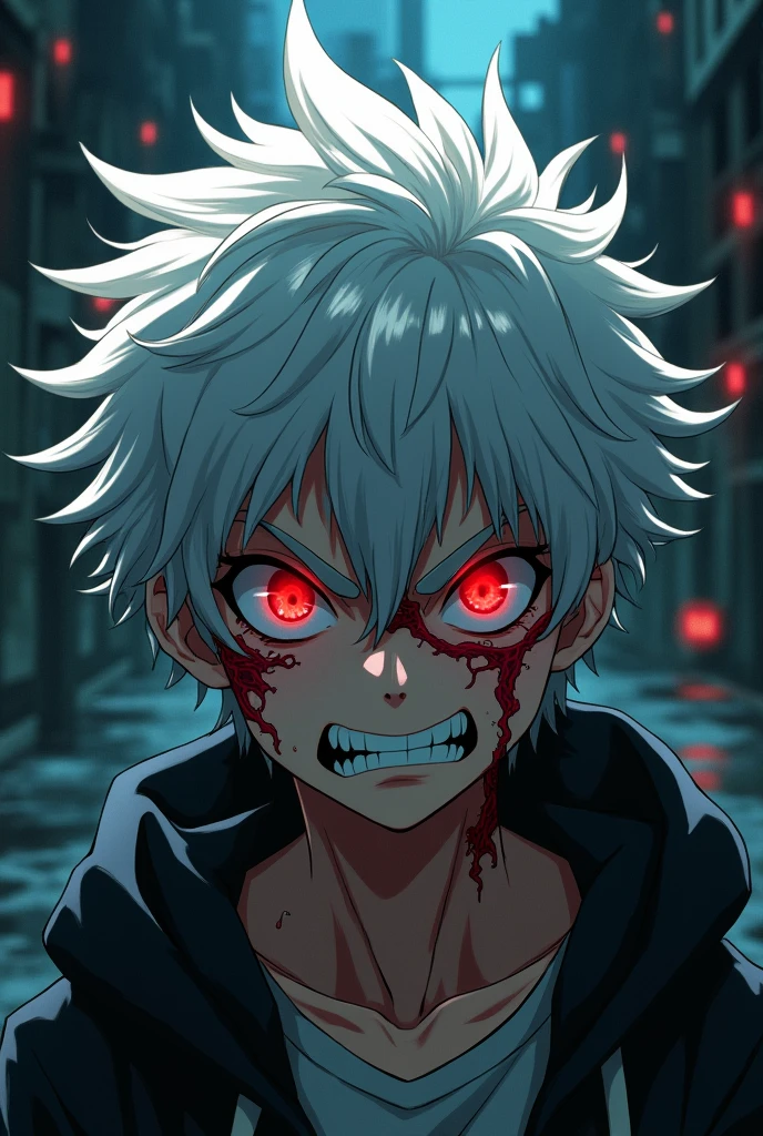 Boku no Hero anime style, anime boy, white hair and cyan blue eyes, leaning forward, slouched forward, heavy breathing, hair hanging down and over face. Scratches and marks covering body. steam emitting off body, specifically near wounds. Tattered clothing, torn clothing, boy pov looking towards floor, pov looking towards boy.