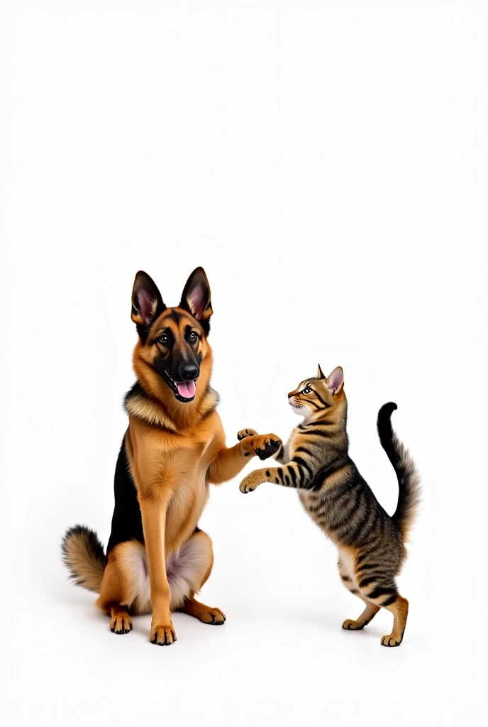 on a white background, A German Shepherd dog is found sitting on its hind legs. The dog has a happy and playful expression, with tongue slightly stuck out, giving the impression of panting or smiling.

Facing the dog, A cat is standing, with the tail moving restlessly around the dog&#39;s front legs. The cat seems to be trying to get the dog&#39;s attention., perhaps with the intention of starting a game between them.

The dog&#39;s upright posture and casual gesture contrast with the cat&#39;s more active and curious attitude., who moves with agility around his canine companion.

The clean, distraction-free white background helps to focus attention on the two animals and the interaction that develops between them., highlighting the dynamics of play and camaraderie that seem to exist between the dog and the cat.