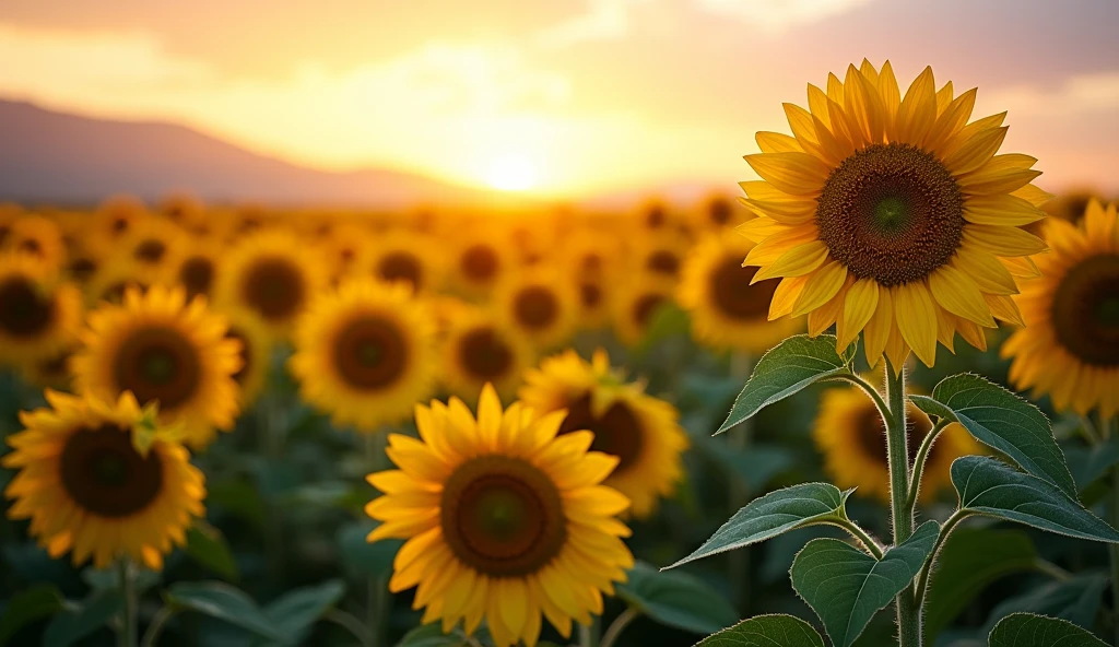 Generate a big sunflower field facing front with sun rise