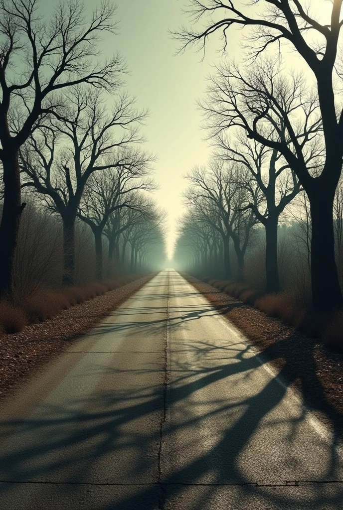 Create a straight one linear perspective road with withered tress around it make the angle a little from above