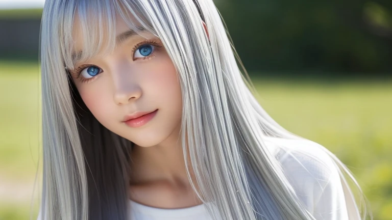 The Shining, clear, White skin、Her windblown silver hair hides her beautiful face..、Huge、Sexy beautiful face of 28 years old、Beautiful straight hair that stands out、growing up, light blue eyes shimmering、Sexy long silky bangs that cover the eyes, Sexy young woman with super long hair hiding her sexy face、The Shining silver hair、(((Sexy Woman))),Upper Body,Zoom out,