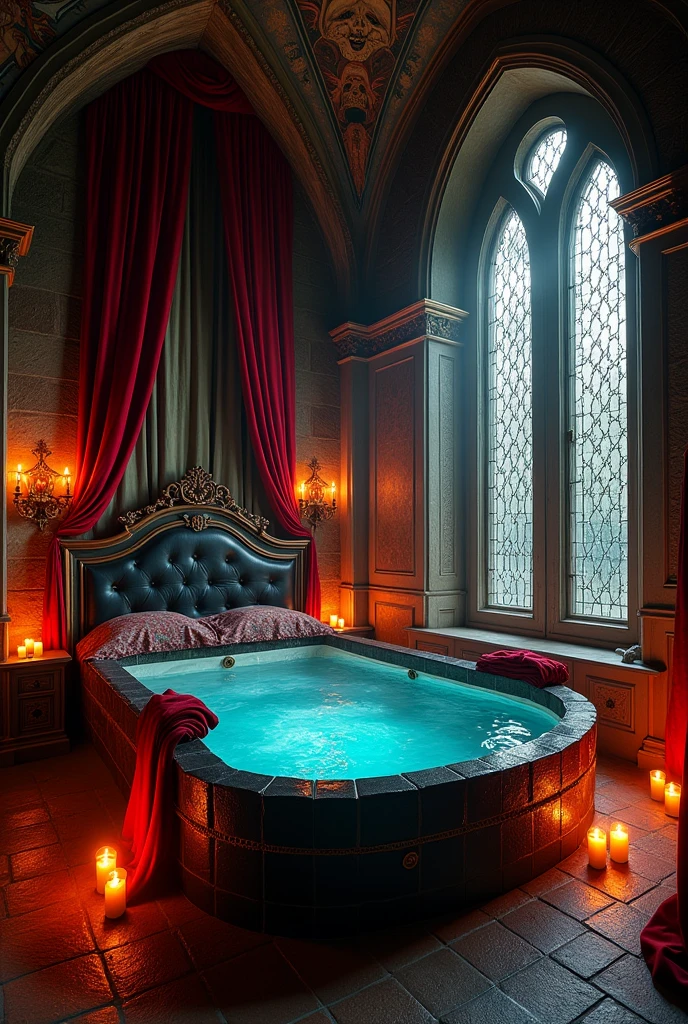 Elaborate Demonic castle pleasure room that serves as magical prison, bedroom, with a large bath in the middle, as well as a plush bed.