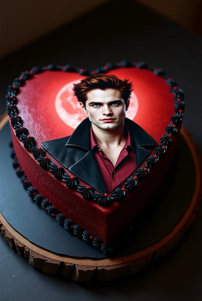 Create a cale with a image of Edward Cullen from the movie twilight, format of a heart, black cover and red velvet dough